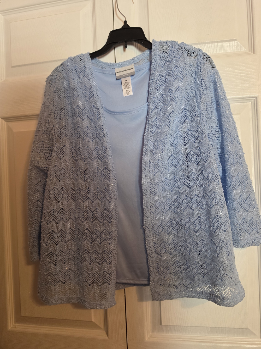 Alfred Dunner twinset With a sleeveless Shell & Light Blue Open Knit Cardigan